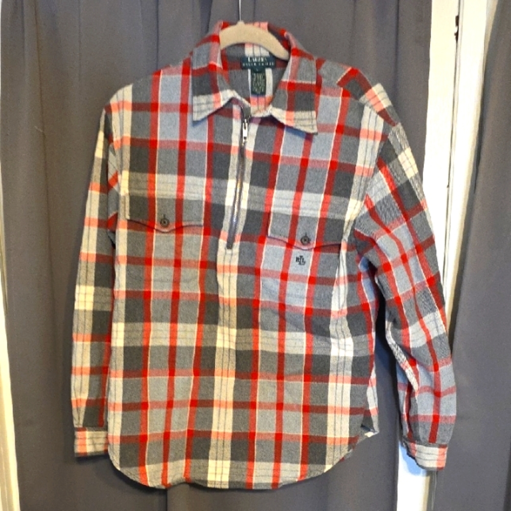 Lauren Ralph Lauren Women's Red/Gray Plaid Shacket Shirt Jacket 1/4 Zip Sz L EUC